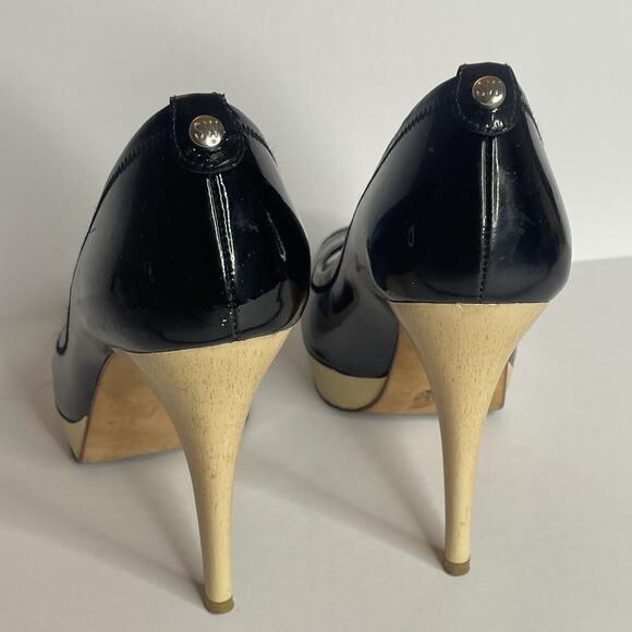 Stuart Weitzman Black Patent Leather Peep Toe Platform Heels 7 M Classic SW Logo - Picture 3 of 7